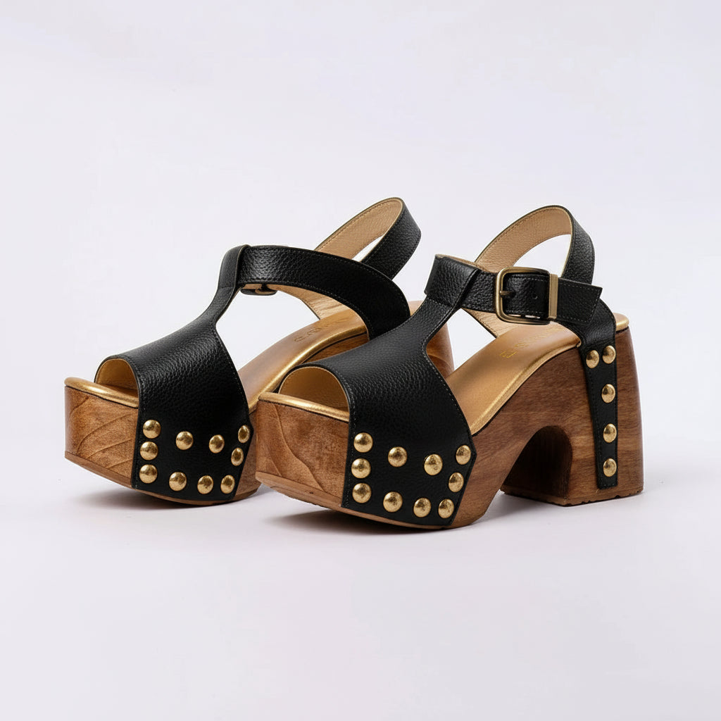 Women's Studded Wooden Block Heel Platform Sandals