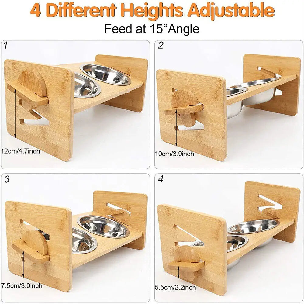 Adjustable Elevated Dog Bowls with 2 Stainless Steel Bowls and Bamboo Stand