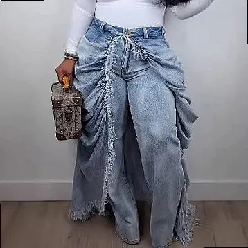 Women's Faux Two Piece Ripped Hem Skinny Denim Jeans