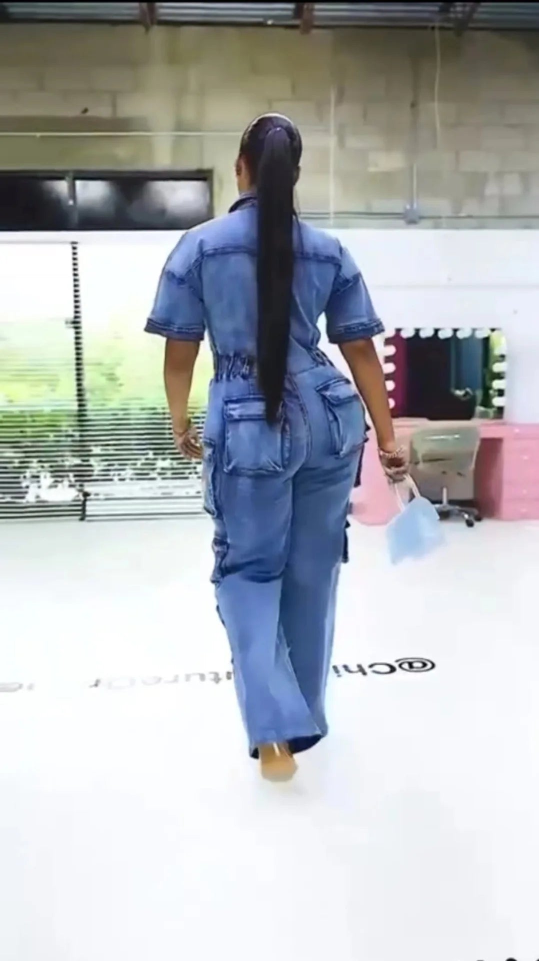 Women's Short Sleeve Denim Cargo Jumpsuit