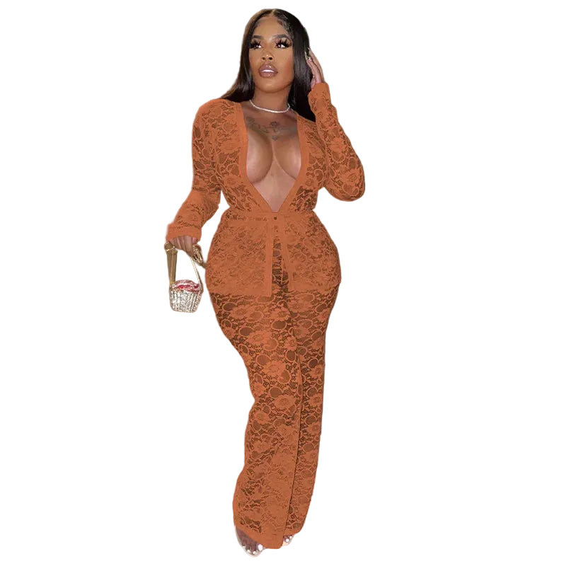 Women's Casual Sheer Lace Two Piece Matching Set