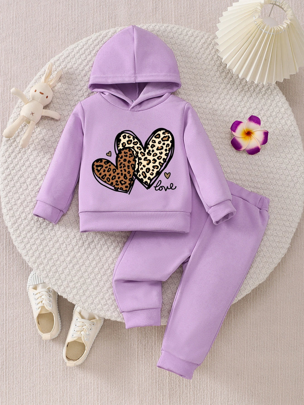 Baby Girls' Leopard Heart Print Hoodie Sweatpants Two-Piece Set