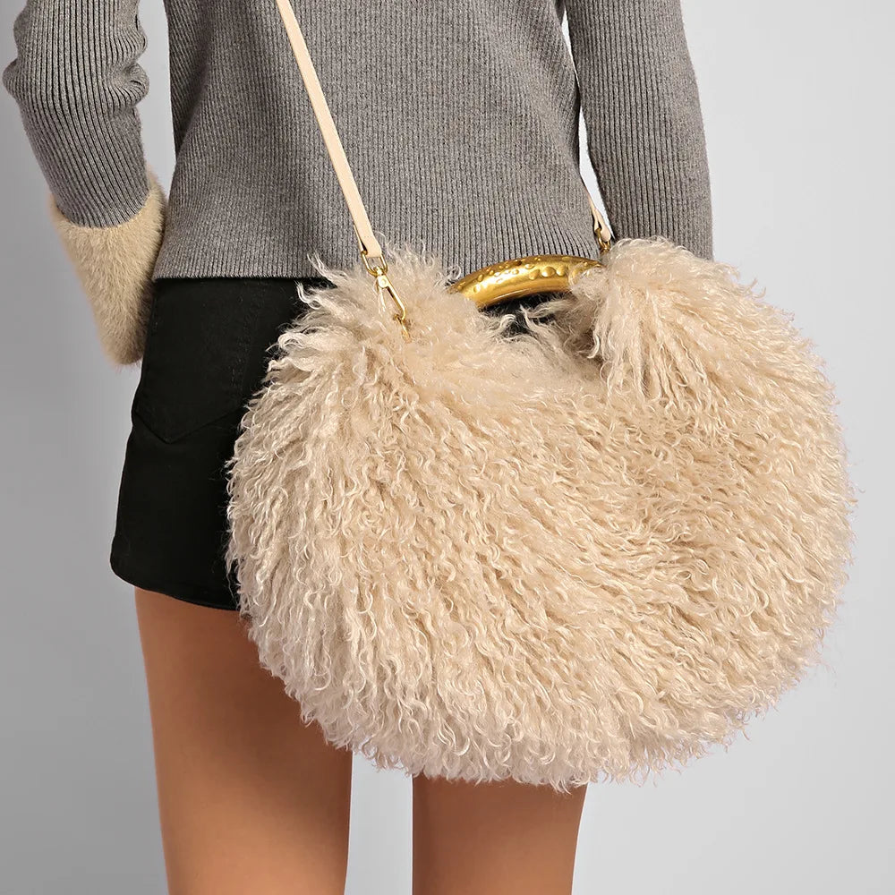 Women's Solid Color Plush Shoulder Bag with Adjustable Strap
