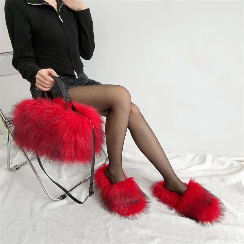 Women's Faux Fur Slides With Matching Shoulder Bag Set