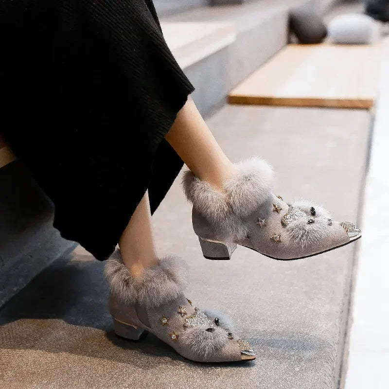 Women's Crystal Fox Head Pointed Toe Plush Ankle Boots