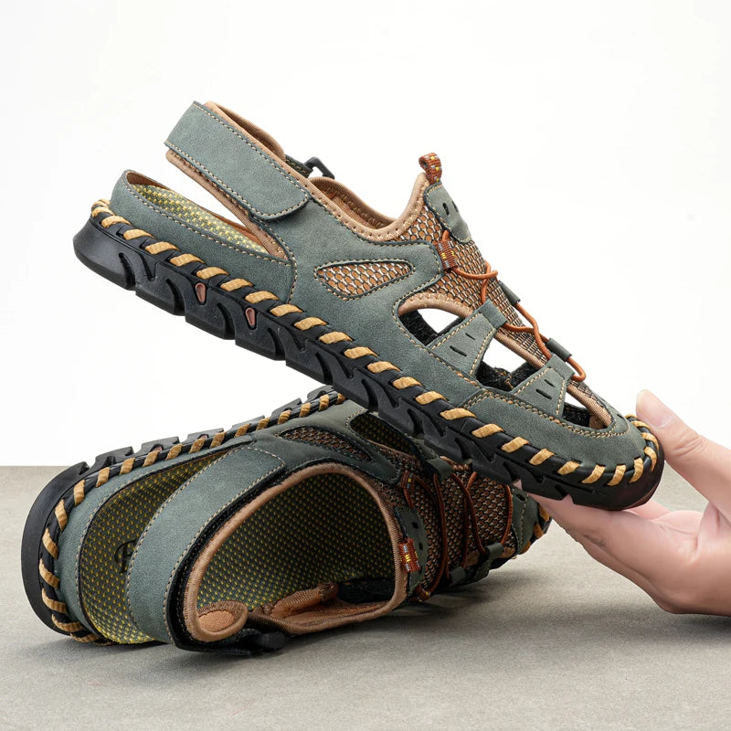 Men's Breathable Mesh Leather Sandals Closed Toe Outdoor Beach Shoes