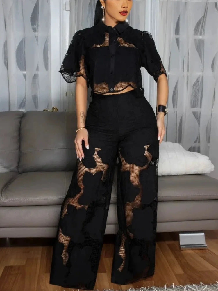 Women's Mesh Lace Cropped Shirt Wide Leg Pants Set