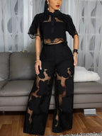 Women's Mesh Lace Cropped Shirt Wide Leg Pants Set