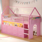 Kids' Twin Metal Low Loft Bed with Drawers and LED Lights Pink