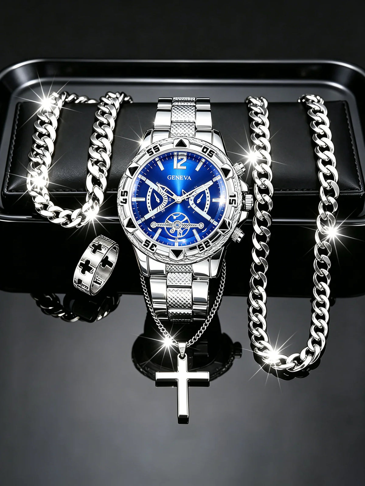 Men's Quartz Watch with 5-Piece Chain Accessories Set Star Pattern