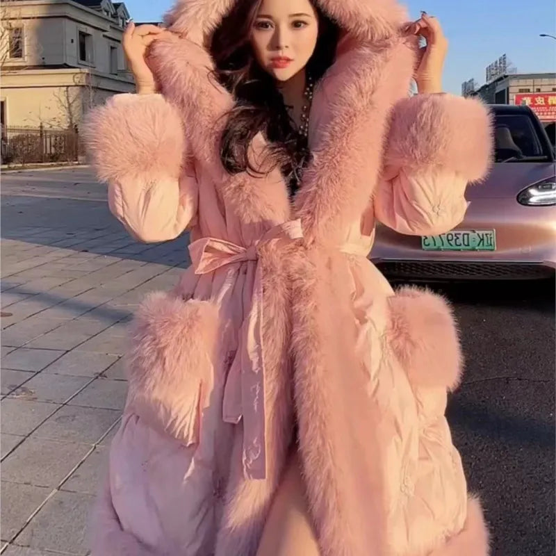 Women's Korean Fashion Hooded Down Jacket Pink Coat