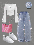 Girls' Bow Decor Crop Top Wide Leg Jeans Two-Piece Set