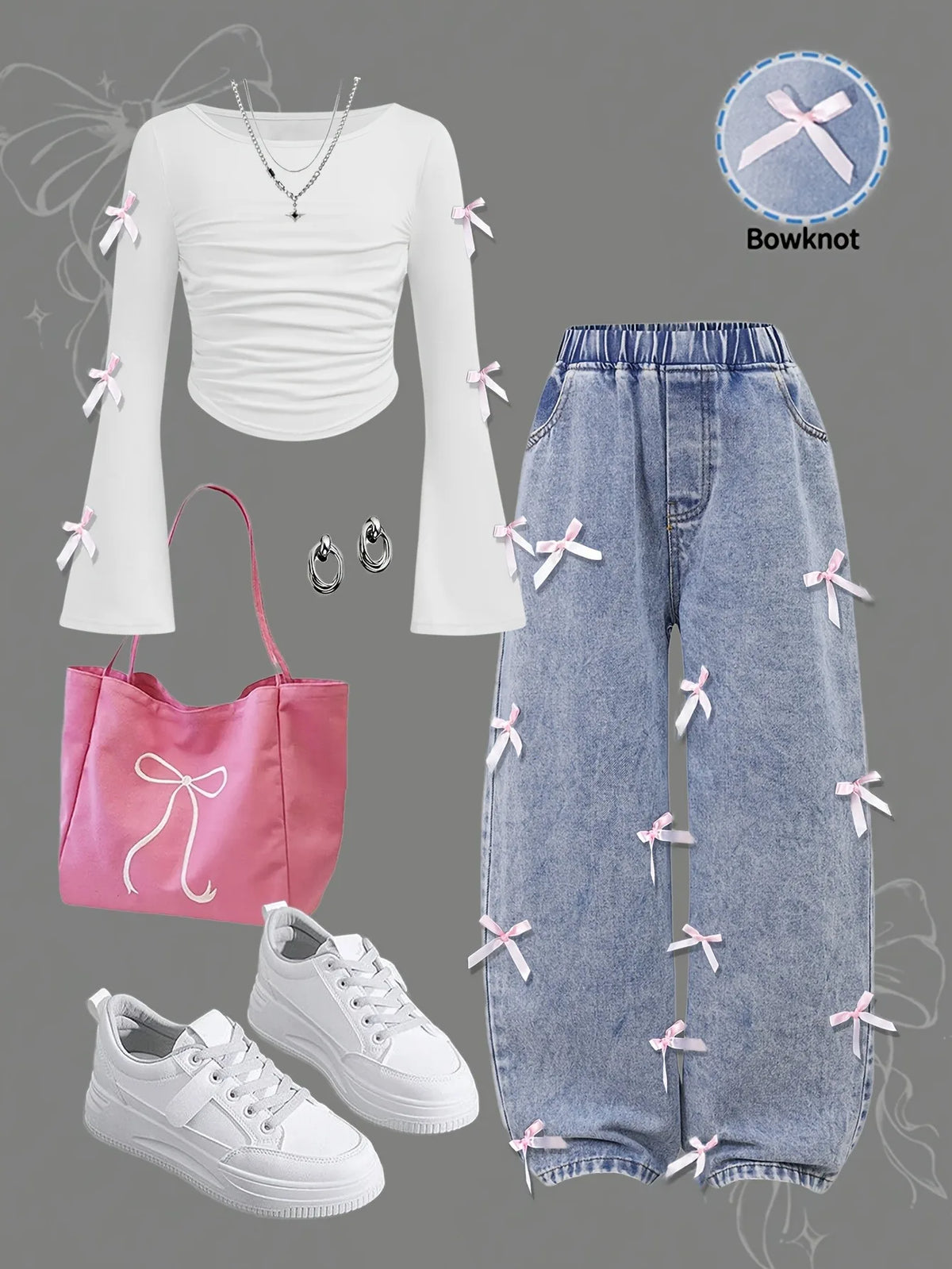 Girls' Bow Decor Crop Top Wide Leg Jeans Two-Piece Set