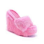 Women's Trendy Furry Wedge High Heel Slide Slippers