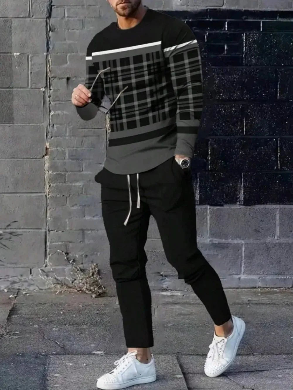 Men's Casual Striped Print Round Neck Shirt and Pants Set