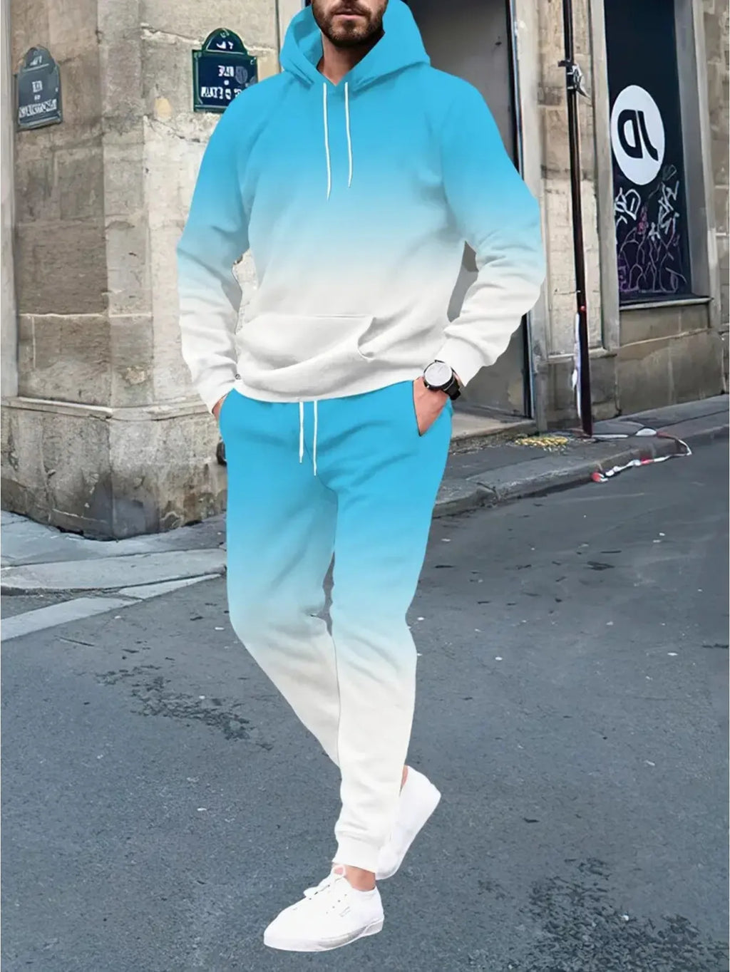 Men's Autumn Gradient 3D Print Hoodie and Sweatpants Tracksuit Set
