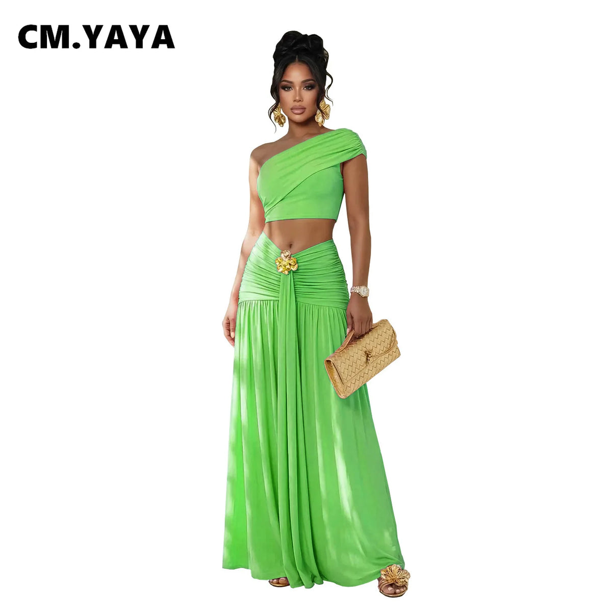Women's Casual One Shoulder Crop Top and Long Skirt Two Piece Matching Set