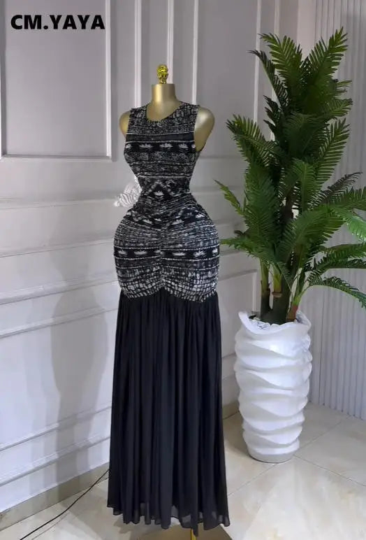 Women's Printed Ruched Sleeveless Maxi Dress