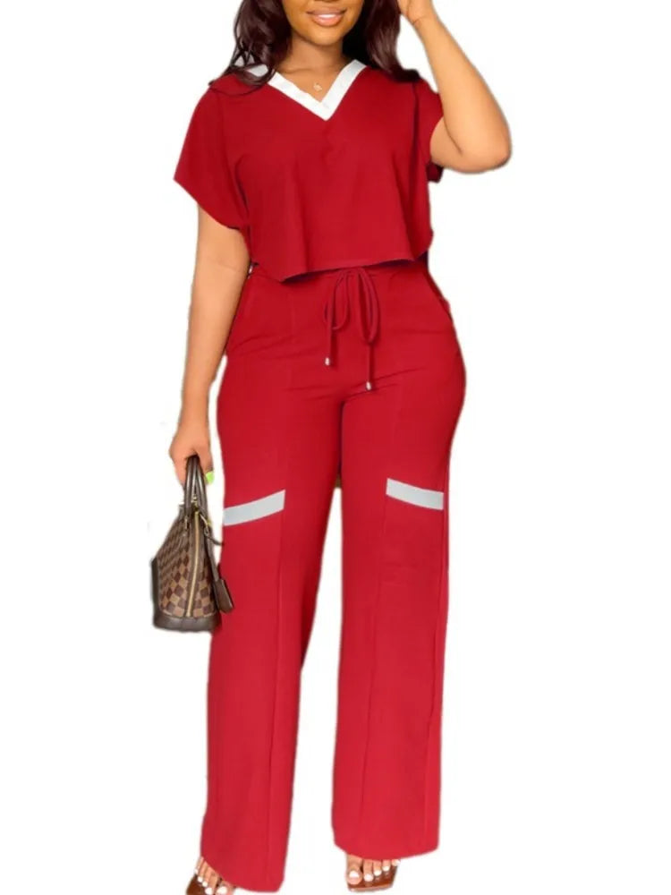 Women's Casual Short Sleeve Top and Straight Pants Set
