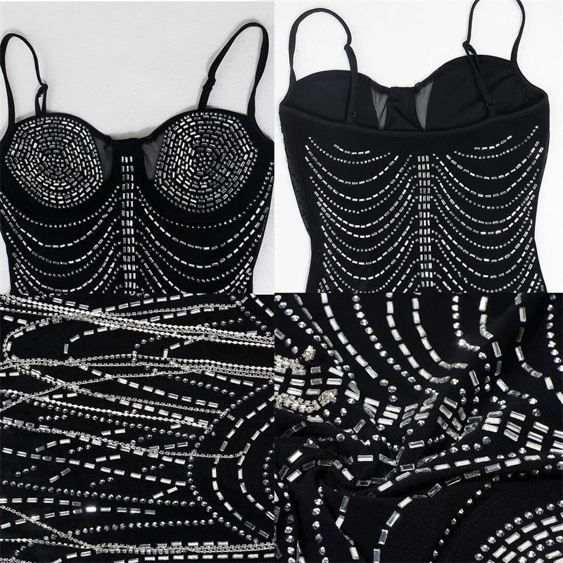 Women's Sexy Rhinestone Tassel Mesh Mini Dress
