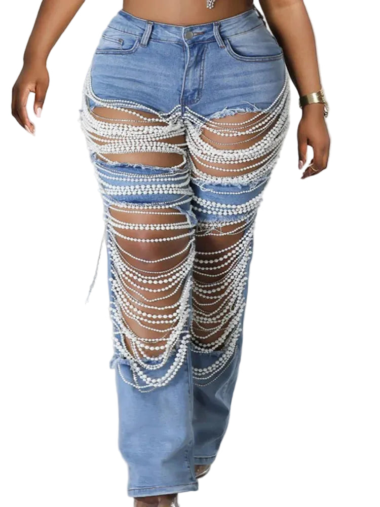 Women's High-Waisted Ripped Wide-Leg Jeans with Pearl Fringe