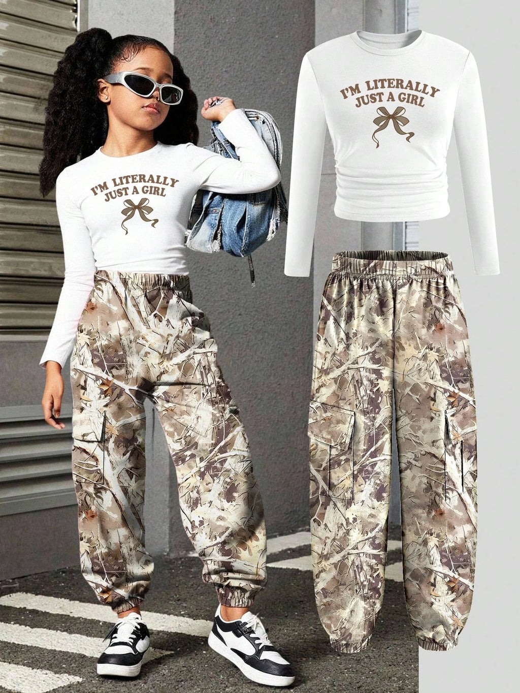 Girls' Letter Print T-Shirt Camo Cargo Pants Two-Piece Set XSCM516