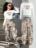 Girls' Letter Print T-Shirt Camo Cargo Pants Two-Piece Set XSCM516