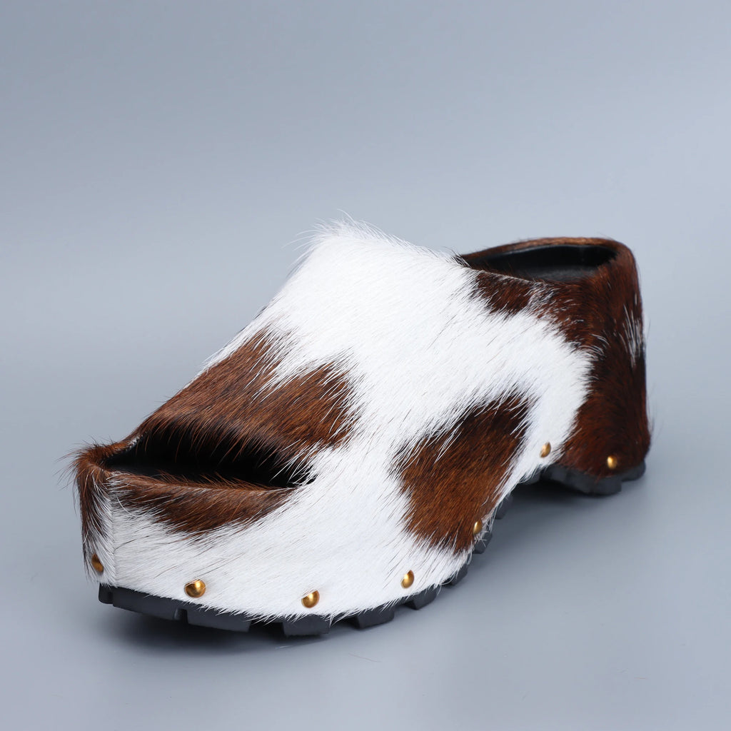 Women's Luxury Calf Hair Mules Platform Sandals Slip-On Slides
