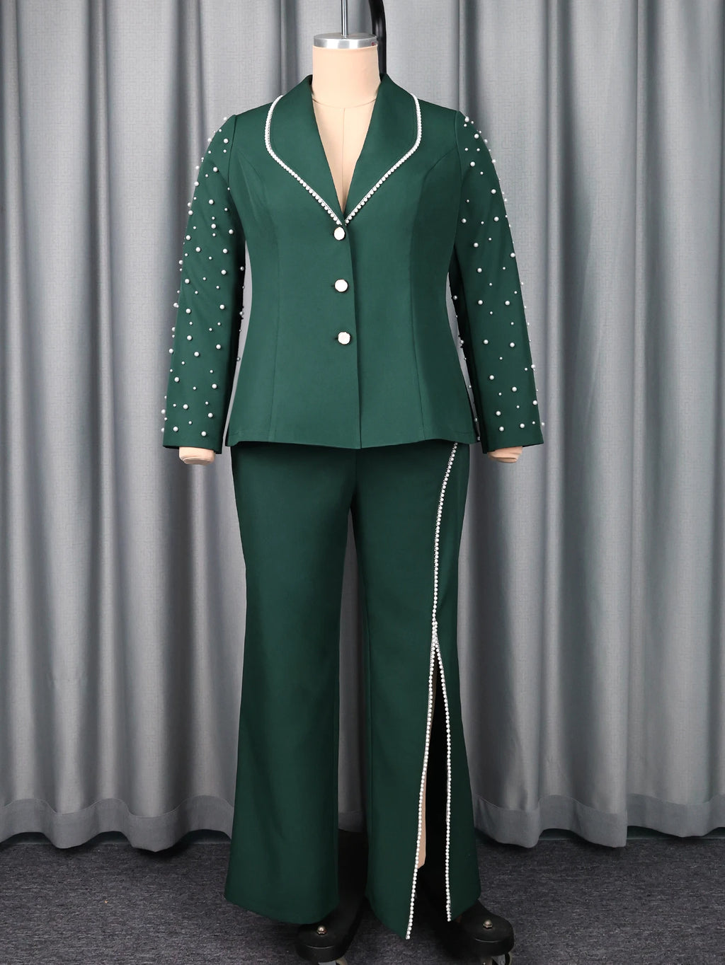Women's Beaded Blazer and Wide Leg Pants Suit Set