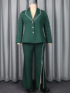 Women's Beaded Blazer and Wide Leg Pants Suit Set