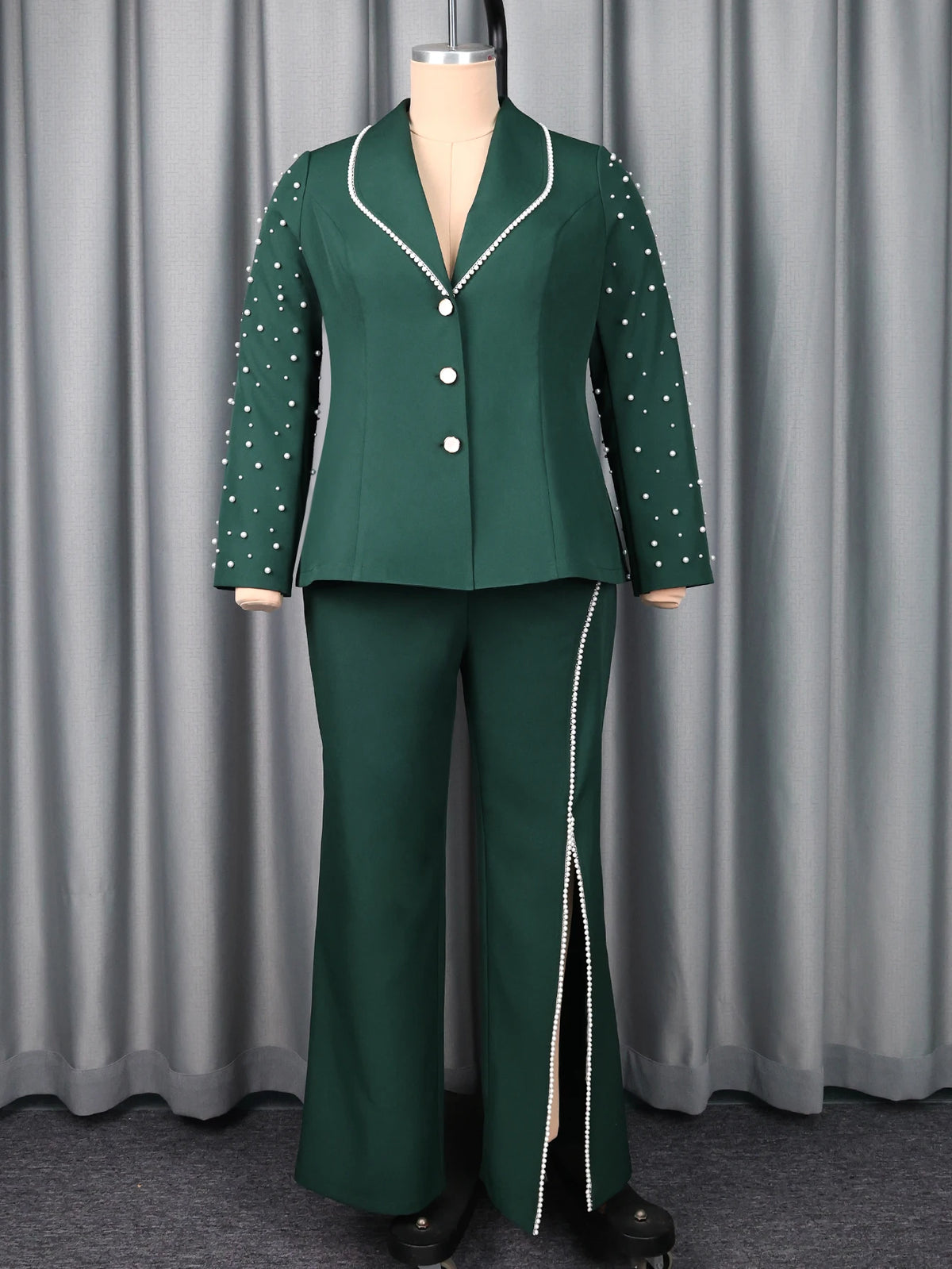 Women's Beaded Blazer and Wide Leg Pants Suit Set