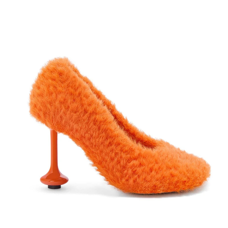 Women's Fuzzy Round Toe Wine Glass High Heel Pumps