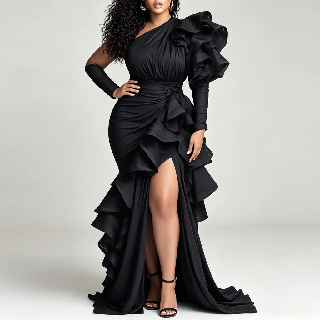 Women's One Shoulder Tiered Ruffle Long Sleeve Maxi Dress