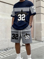 Men's Letter Stripe Print Round Neck T-Shirt and Drawstring Shorts Set