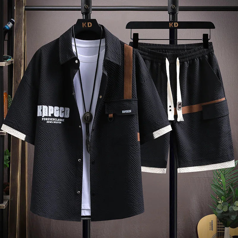Men's Casual Short Sleeve Shirt and Shorts Two Piece Set