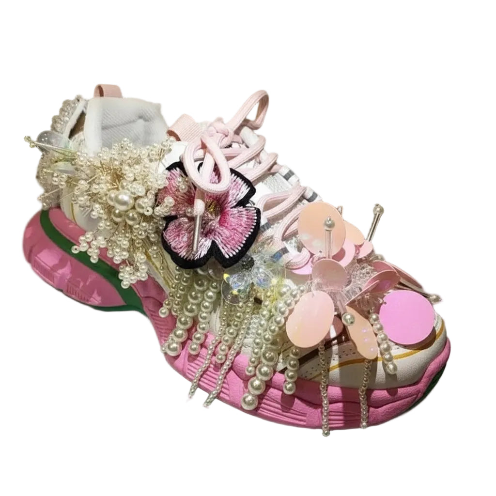 Women's Floral Pearl Beaded Tassel Daddy Sneakers C55-1