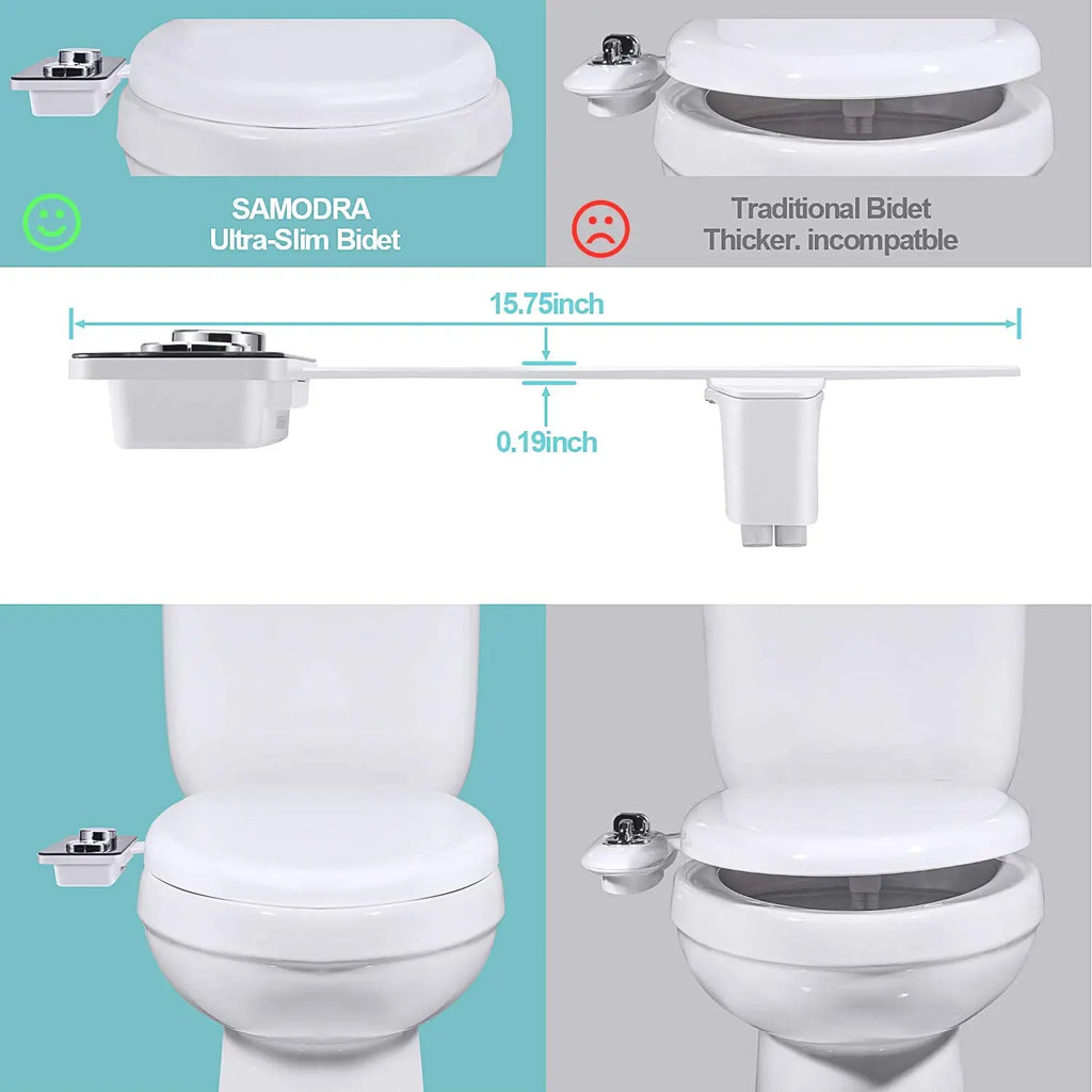 Ultra-Thin Non-Electric Bidet Toilet Seat Attachment with Dual Nozzles