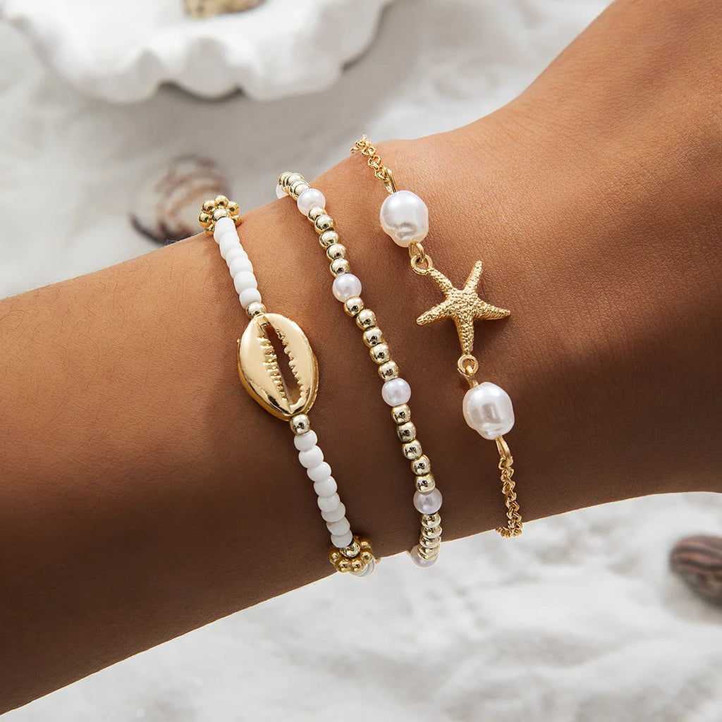 Women's Fashion Bohemian Shell Starfish Stacked Pearl Bead Bracelet Set