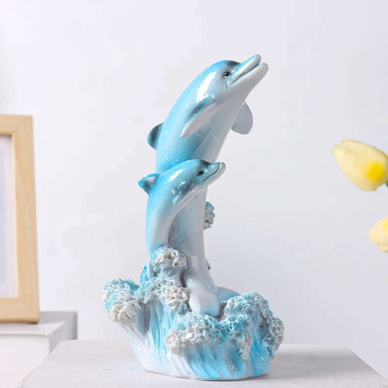 Dolphin Family Resin Statue and Ocean Tabletop Decorative Figurine