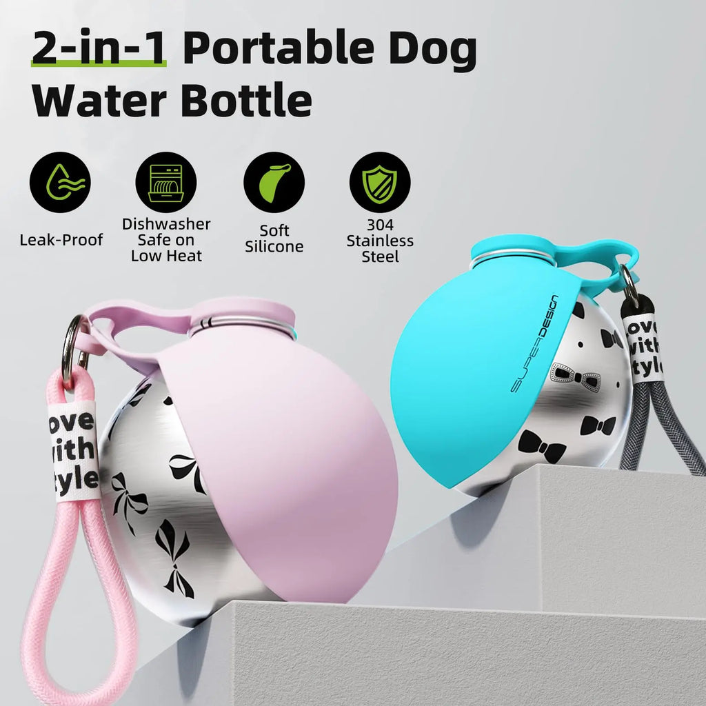 Portable 2-in-1 Dog Water Bottle Leak-Proof Stainless Steel Travel Dispenser for Small Dogs