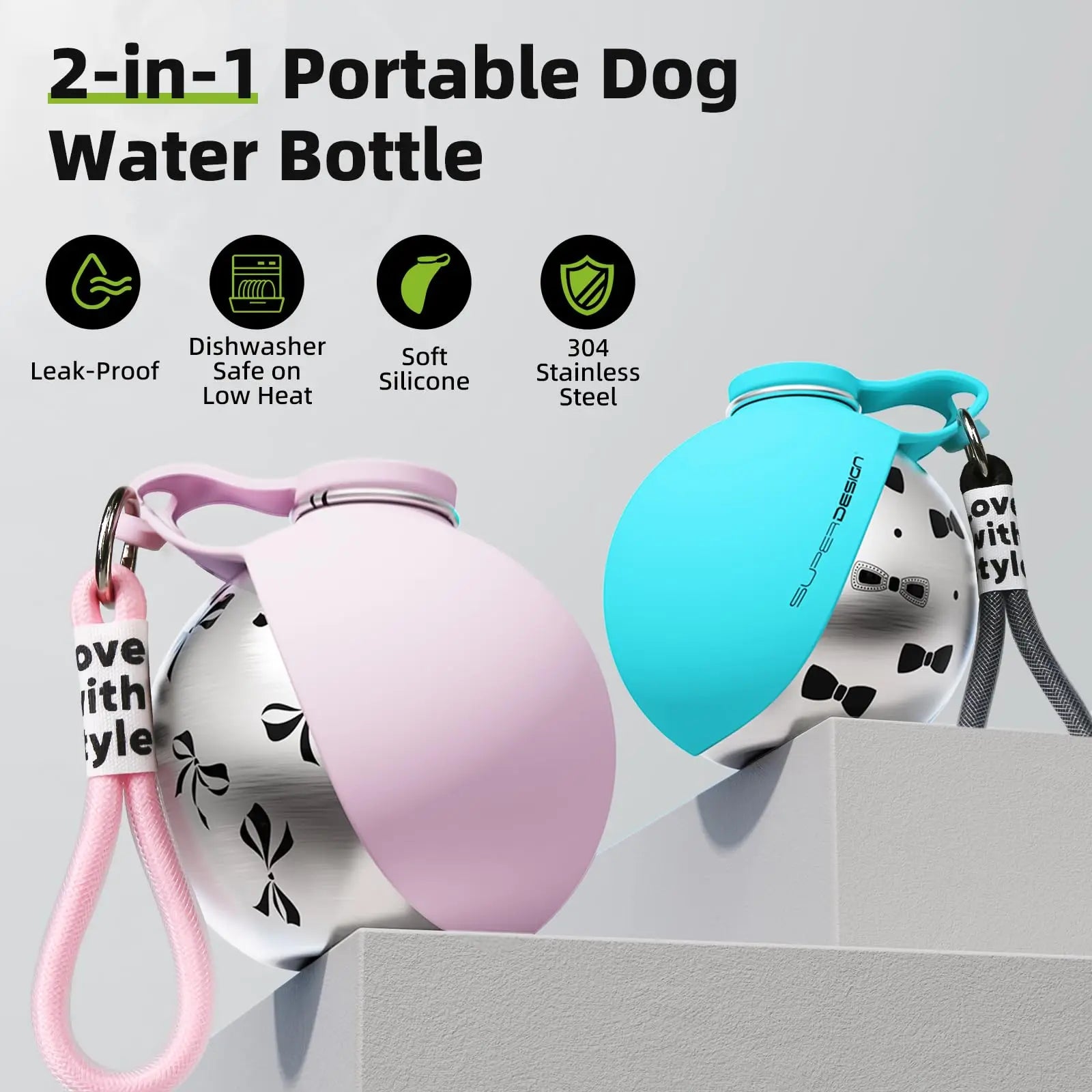 Portable 2-in-1 Dog Water Bottle Leak-Proof Stainless Steel Travel Dispenser for Small Dogs