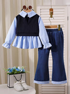 Girls' Patchwork Top Denim Flared Pants Two-Piece Set