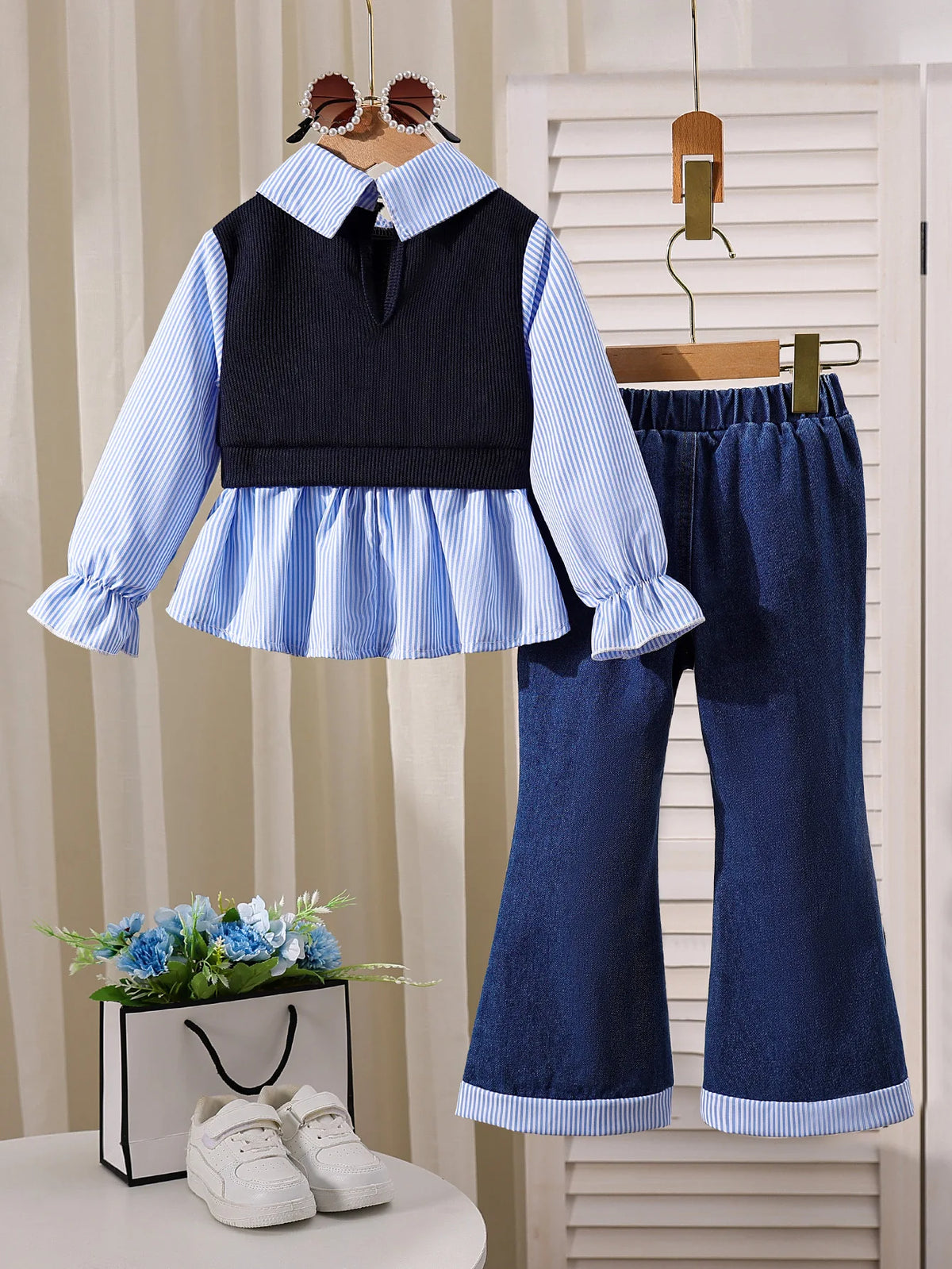Girls' Patchwork Top Denim Flared Pants Two-Piece Set