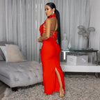 Women's Flower Halter Neck Long Sleeve Evening Party Dress 31801