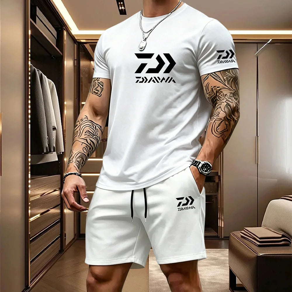 Men's Casual Round Neck T-Shirt and Drawstring Shorts Set
