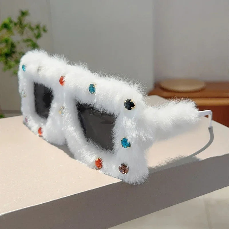 Women's Trendy Furry Rhinestone Square Oversized Sunglasses