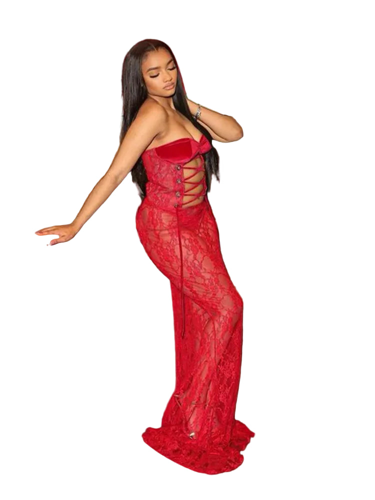 Women's Sexy Mesh Patchwork Strapless Ruched Maxi Dress