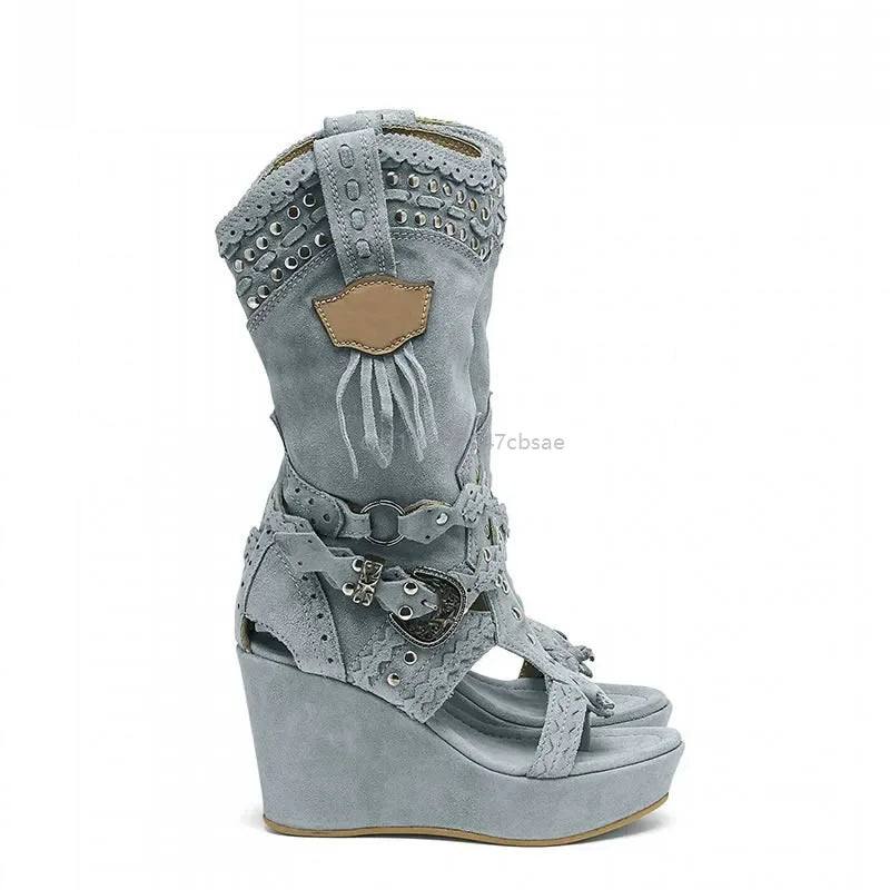 Women's Western Cowboy Wedge Sandals Tassel Fringe Rivet Platform Open Toe High Heel Casual Shoes