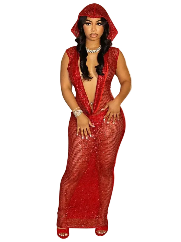 Women's Sexy Hooded Deep V Neck Sparkly Maxi Dress
