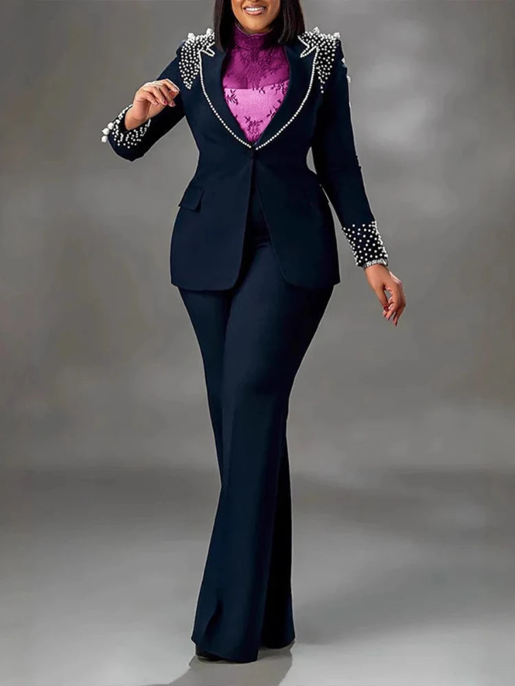 Women's Beaded Blazer Straight Pants Suit